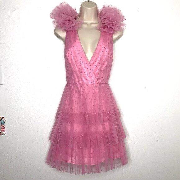 Whimsical Monique Lhuillier BUBBLEGUM Pink Dot Ruffled TULLE DRESS Sz 8 Coquette - Picture 1 of 8